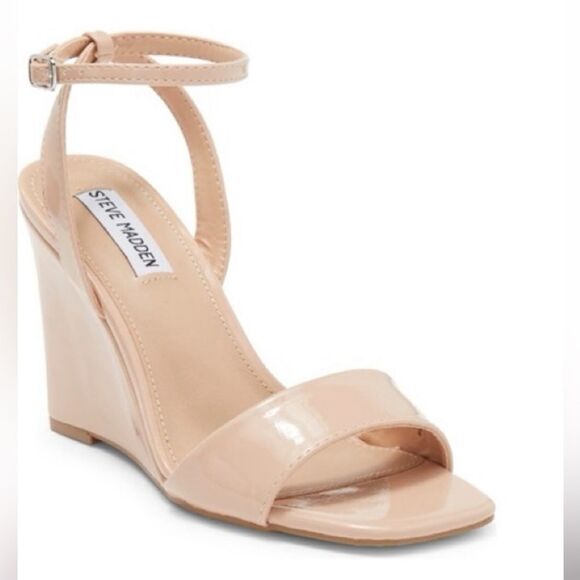 STEVE MADDEN Tan Patent Leather Wedge Heel Sandal‎ Open Toe Beige Size 11 New - Picture 1 of 10